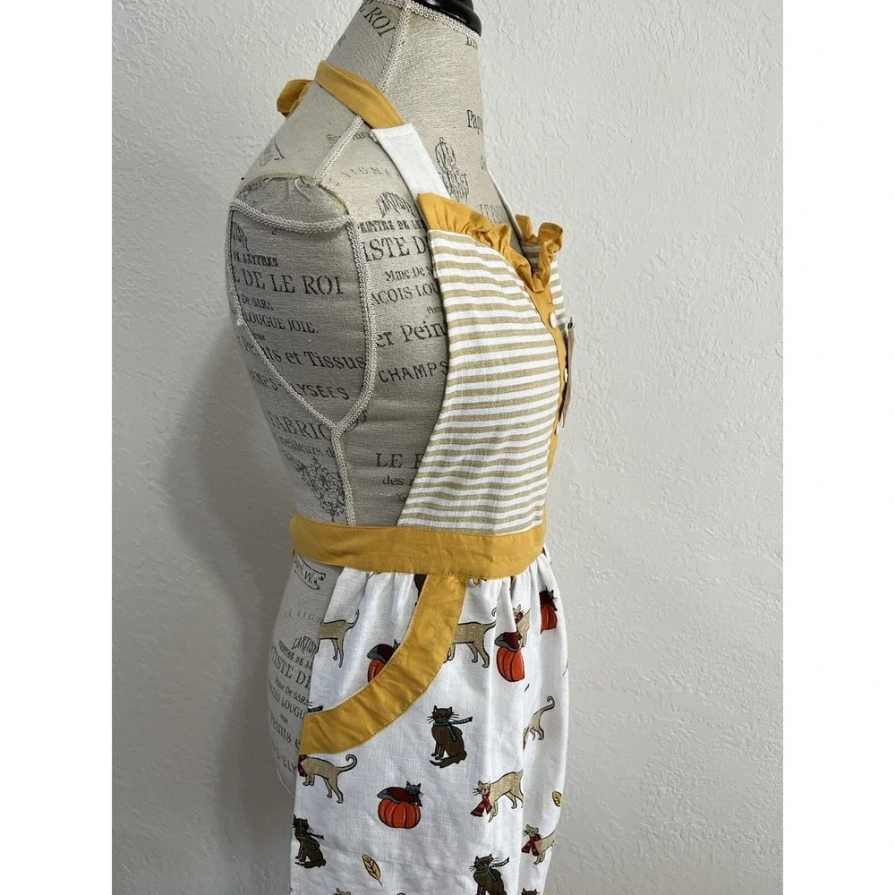 Harvest & Co Cat Pumpkin Fall Apron NWT Mustard Stripe Cotton Ruffle Pockets
